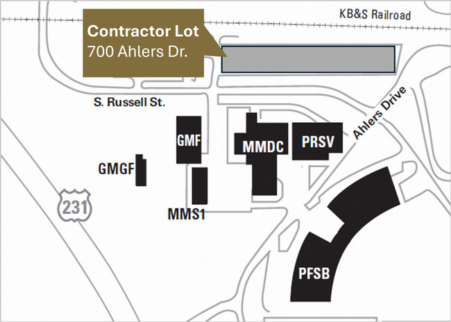 Map of contractor parking lot at 700 Ahlers Drive in West Lafayette