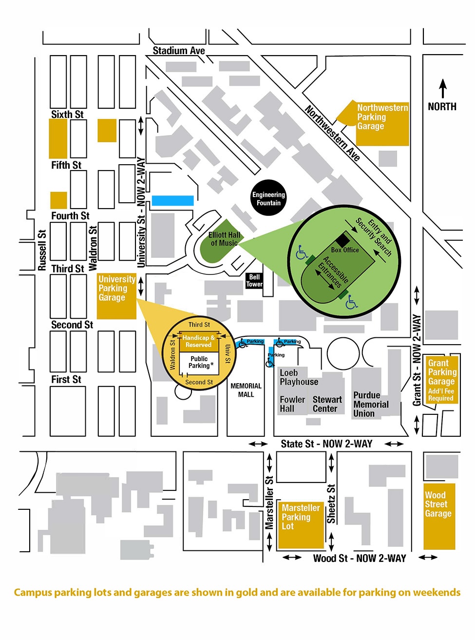 Parking lots and garage highlighted in gold. Handicap parking highlighted in blue.