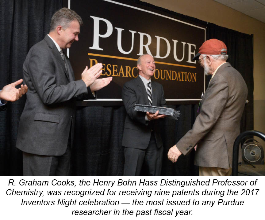 R. Graham Cooks, the Henry Bohn Hass Distinguished Professor of Chemistry, received a standing ovation when he was recognized for receiving nine patents at the Inventors Night celebration — the most issued patents for any Purdue researcher in the past fiscal year.