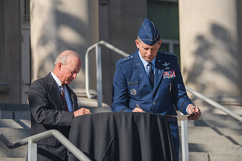 Purdue President Mitch Daniels and Gen. David D. “DT” Thompson, vice chief of space operations for the U.S. Space Force