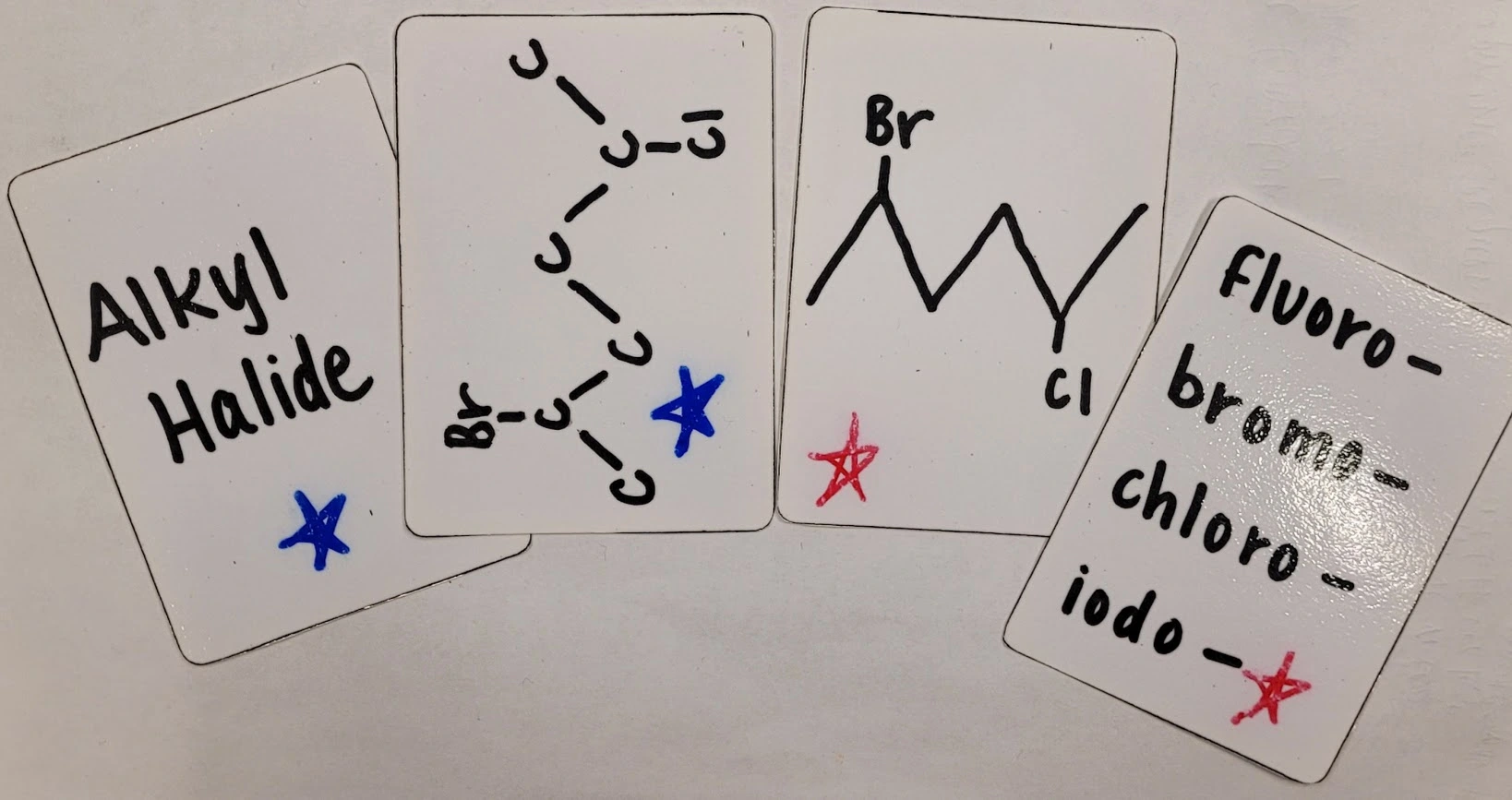 Photo 4. Alkyl Halide cards (L to R): Name of Fxn Group (Hearts), General Formula (Diamonds), Shorthand Notation (Spades), Specific Name beginning (Clubs)