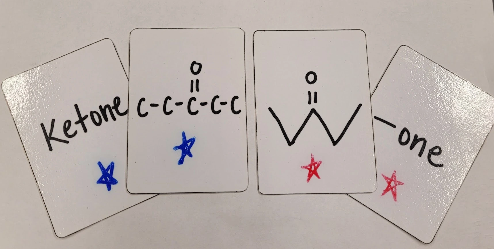 Photo 3. Ketone cards (L to R): Name of Fxn Group (Hearts), General Formula (Diamonds), Shorthand Notation (Spades), Specific Name ending (Clubs)