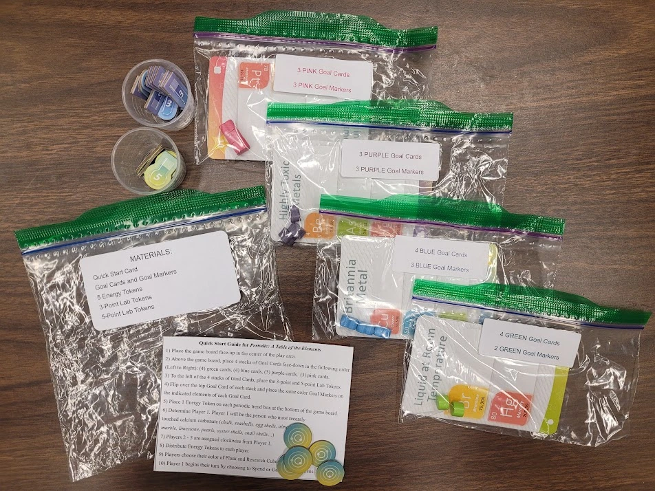 Photo 8. The rest of the materials needed for game setup. A Quick Start Guide (printed on cardstock) can be included to provide guidance to students for quickly starting game play. 