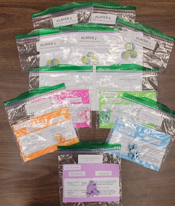 Photo 7. Separating flasks and research tiles by color helps get students playing quickly. Energy tokens are kept separate from colors. Player turn does not depend on color selection.