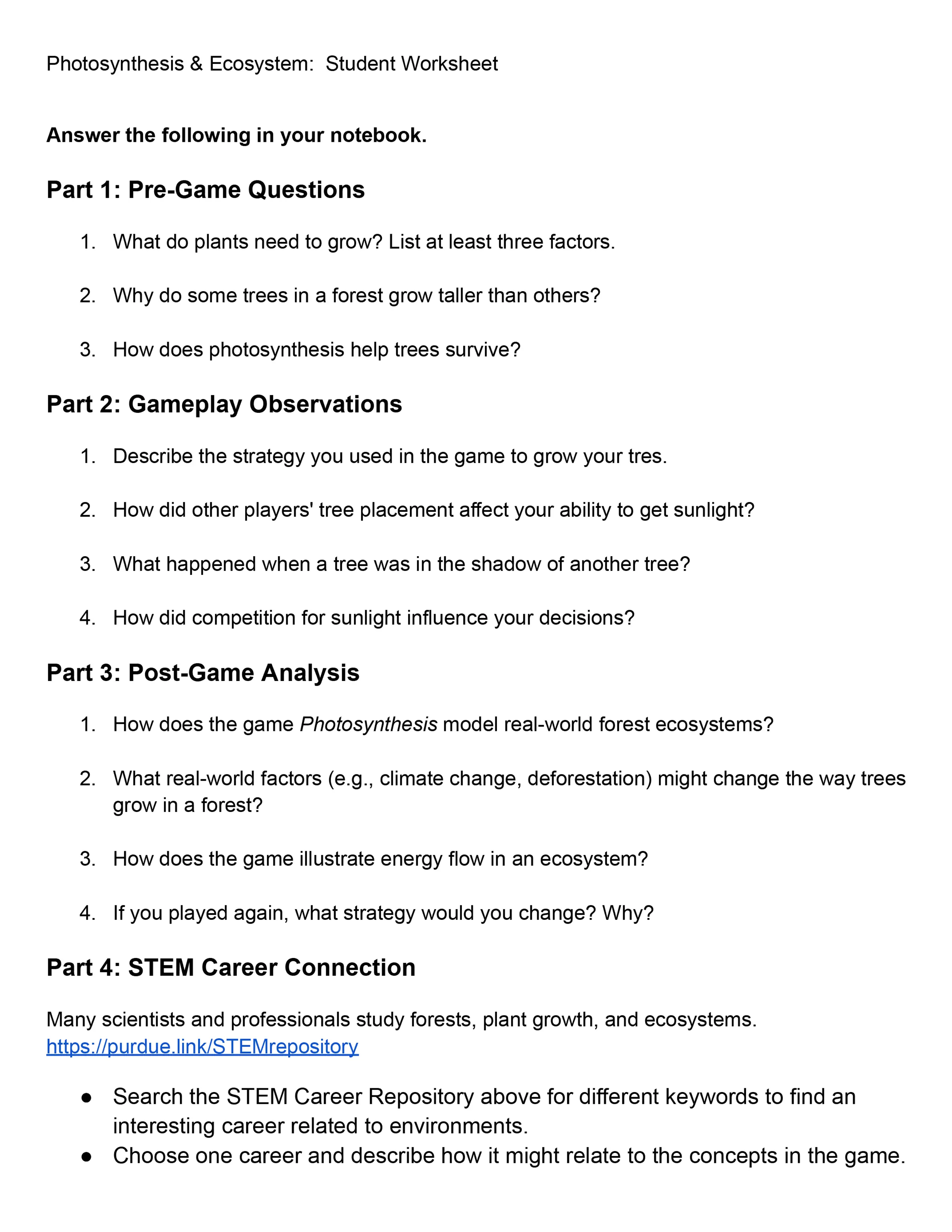 Student Worksheet for playing Photosynthesis