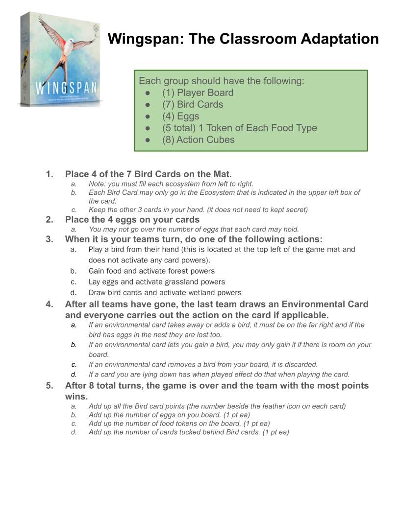 Player handout for playing the modified version.
