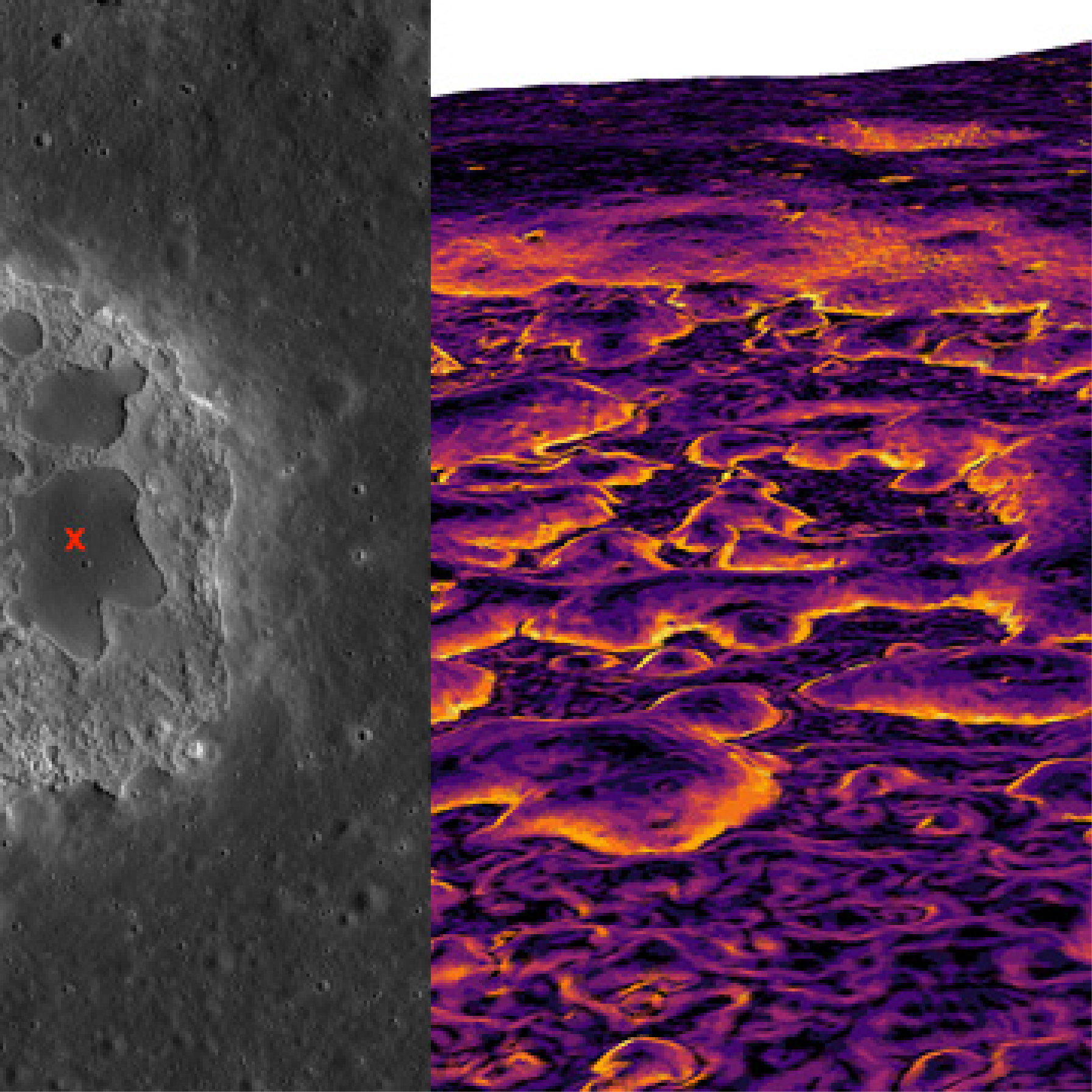 Images of the surface of the moon in greyscale and color
