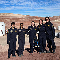 Members of Crew 288 at the Mars Desert Research Station in Hanksville, Utah: Jesus Meza Galvin, Lipi Roy, Riley McGlasson, Jilian Welshoff and Hunter Vannier. Not pictured: Cesare Guariniello and Ryan DeAngelis
