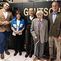 Purdue University leaders at the dedication for the new Gautschi supercomputer. From left Petros Drineas, department head of Computer Science; Karen Plaut, executive vice president for research; Irena Swanson, department head of Mathematics; Walter Gautschi, professor emeritus of computer science and professor emeritus of mathematics; Darryl Granger associate dean for faculty affairs in the College of Science