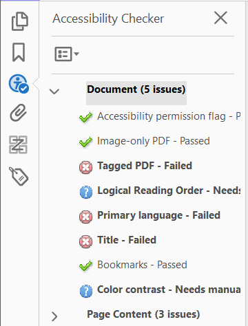Accessibility Checker, list of possible issues.