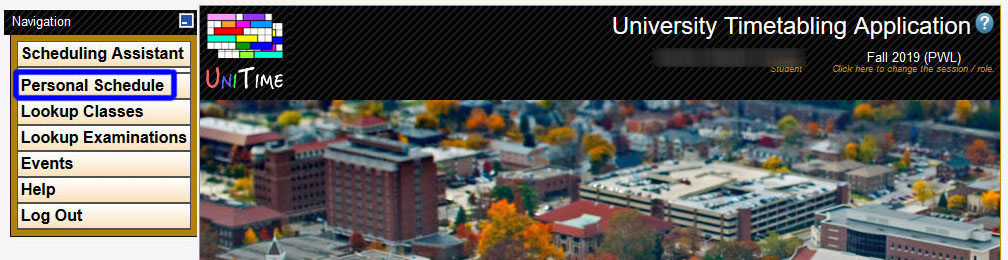 Screenshot of the Purdue University Timetabling App. Click Personal Schedule.