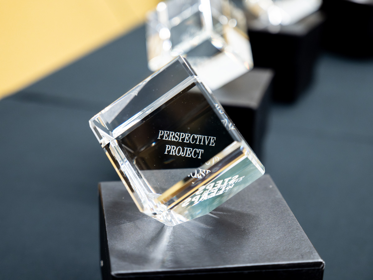 The a cubic, glass Award for Academic Integration of Steps to Leaps with "Perspective Project" etched into it.