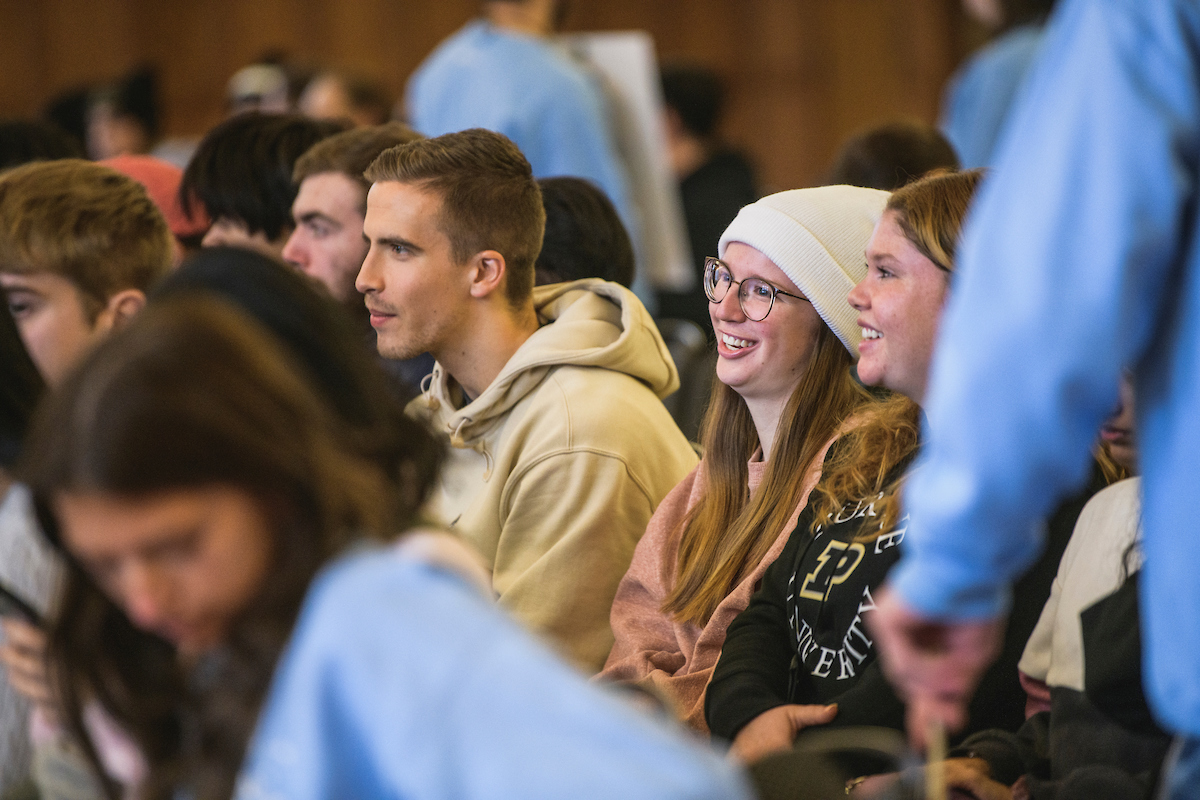 Pictured: Students sit together in large groups during a Boiler Cold Rush info session