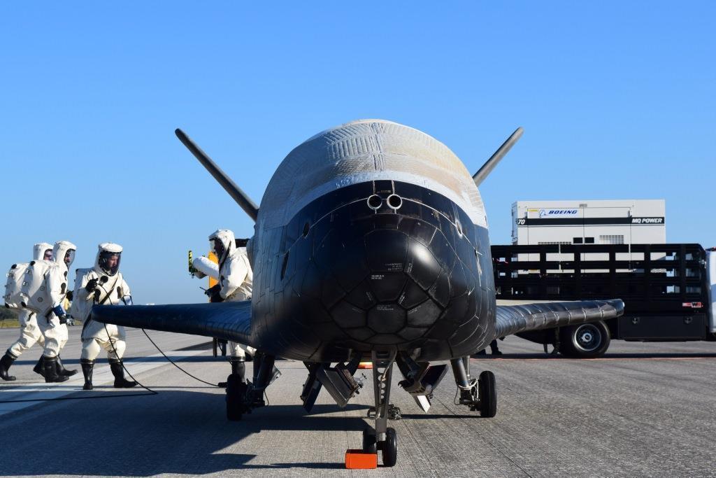 The U.S. Air Force's X-37B Orbital Test Vehicle 4 is seen after at NASA Kennedy Space Center Shuttle Landing Facility in Florida