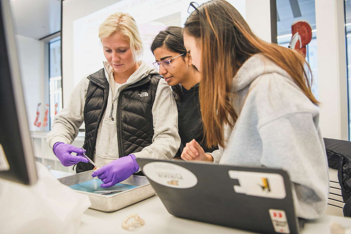 Students working together in a lab, huddled around a laptop and other equipment