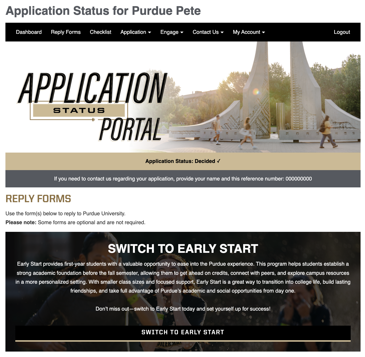 image showing the Purdue application portal and a link to the early start form