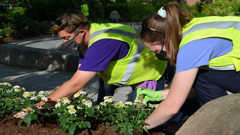 Grounds employees tending flowers at Sinninger Pond