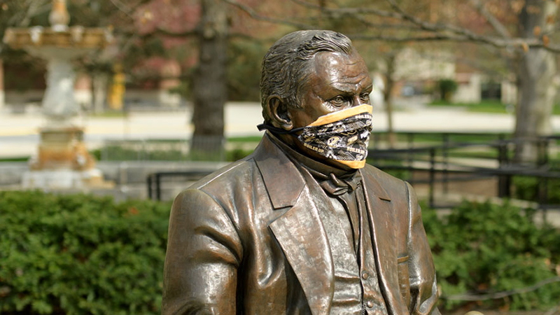 John Purdue statue, masked