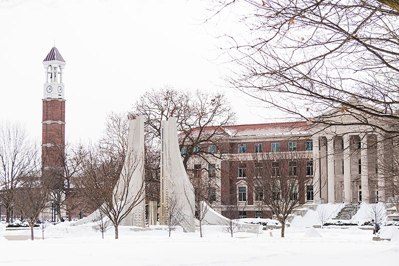 bell tower, fountain, Hovde Hall in snow