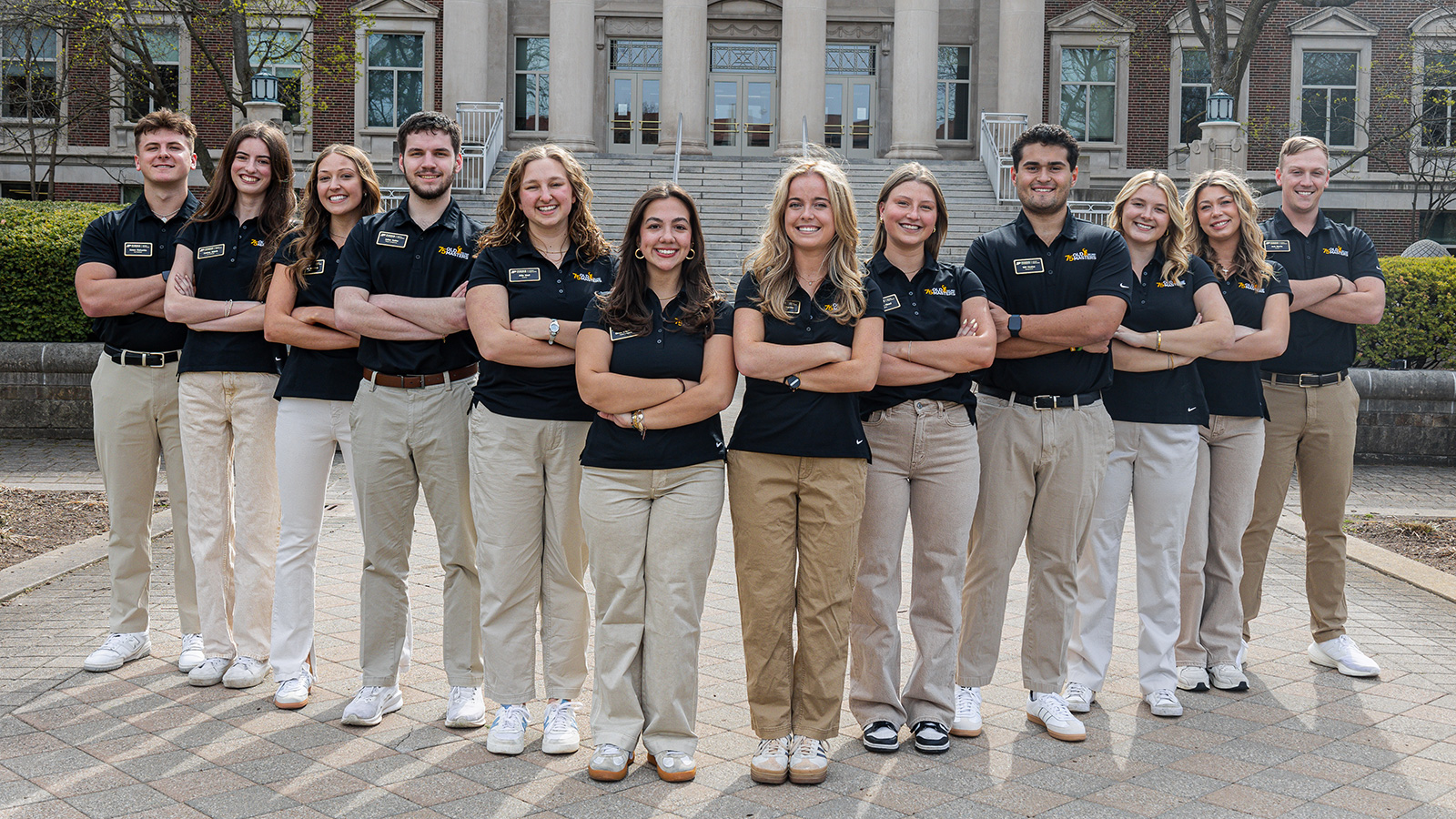 The 2025 Old Masters Central Committee stands in front of Hovde Hall as they prepare for Purdue’s 75th anniversary Old Masters and 10th anniversary Rising Professionals celebrations, taking place November 9–11, 2025.